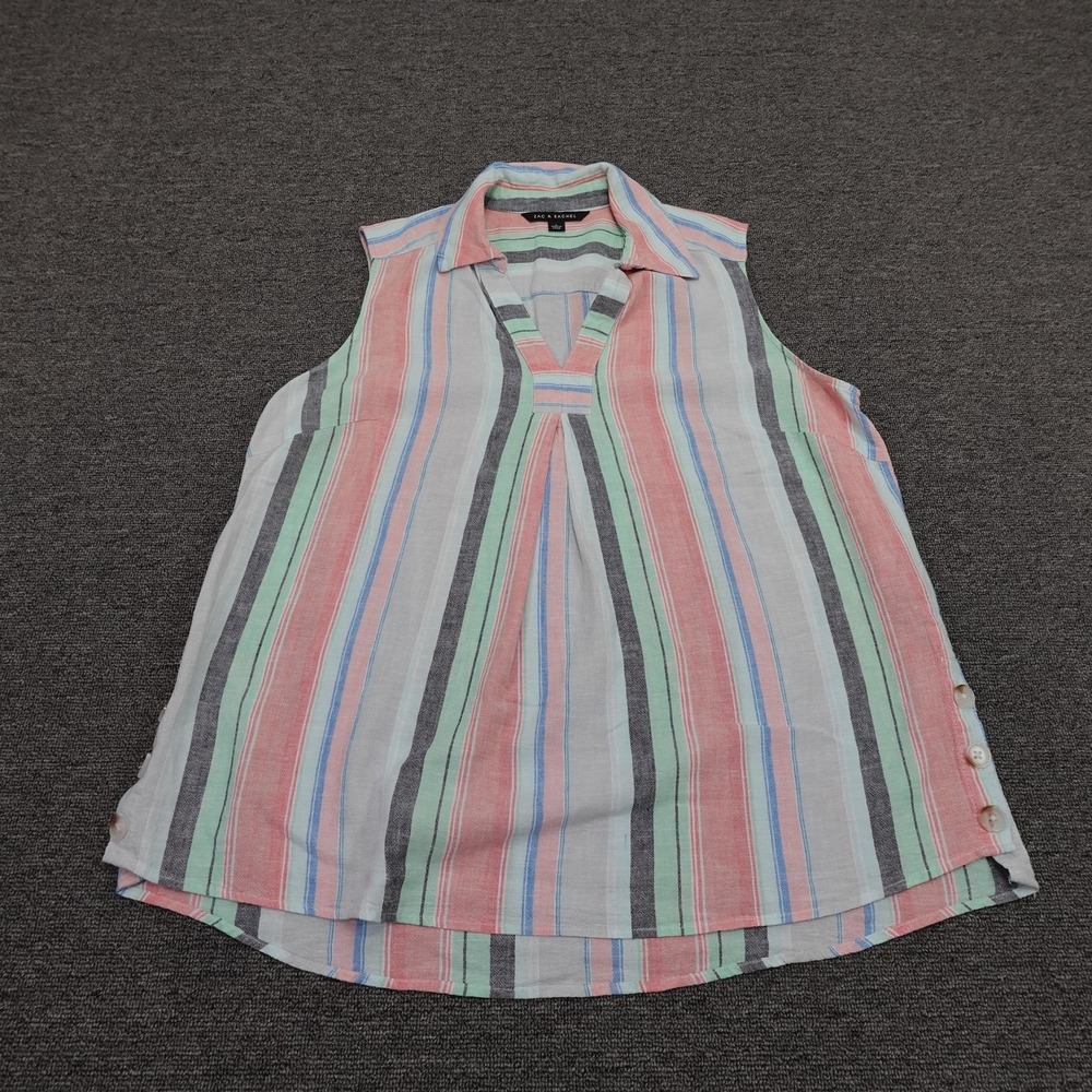 Zac & Rachel Blouse Womens Large Multicolor Stripe Linen Tunic V Neck Sleeveless